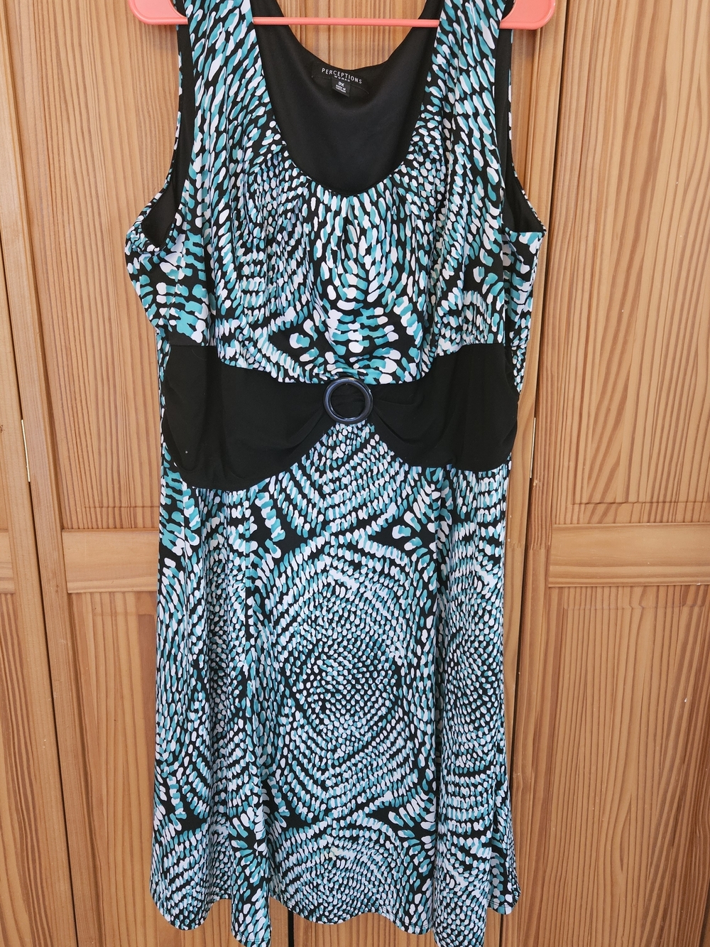 Perceptions Teal and Black Printed Sleeveless Midi Dress with Belt Detail